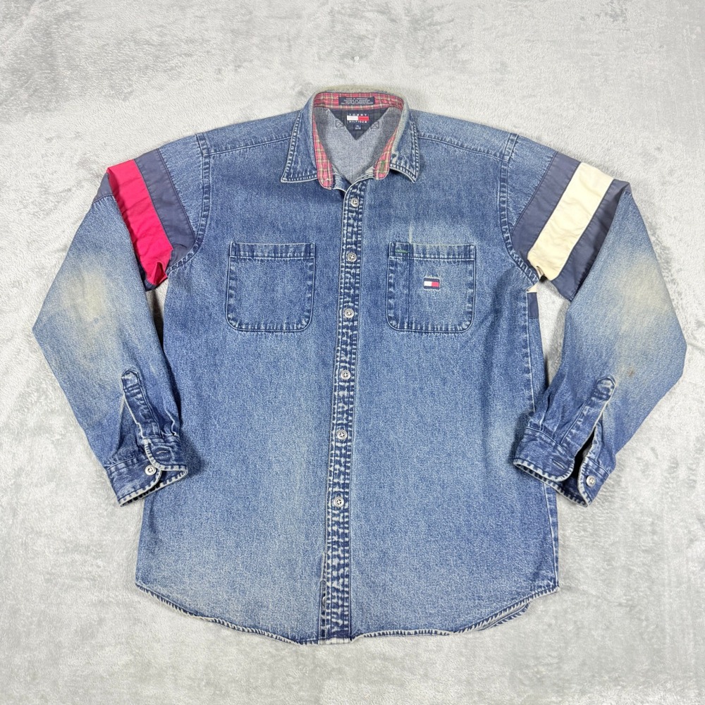 Vintage Tommy Hilfiger Mens XL Denim Shirt Colorblock Stripe 90s Blue Red